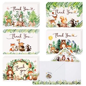 hunanyume 50 woodland thank you cards, 4×6 in assorted woodland creatures thank you note cards with envelopes & stickers, bulk cute forest animals cards for baby shower and kids birthday