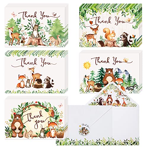 Hunanyume 50 Woodland Thank You Cards, 4×6 in Assorted Woodland Creatures Thank You Note Cards with Envelopes & Stickers, Bulk Cute Forest Animals Cards for Baby Shower and Kids Birthday