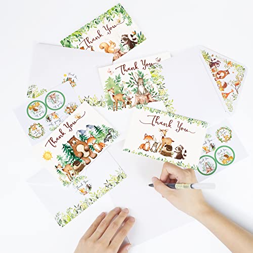 Hunanyume 50 Woodland Thank You Cards, 4×6 in Assorted Woodland Creatures Thank You Note Cards with Envelopes & Stickers, Bulk Cute Forest Animals Cards for Baby Shower and Kids Birthday