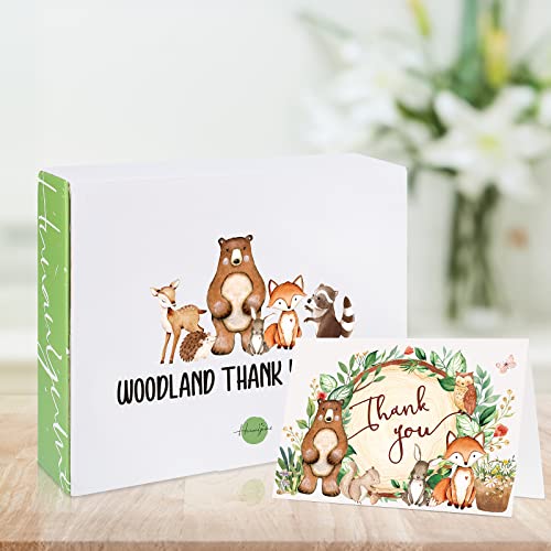 Hunanyume 50 Woodland Thank You Cards, 4×6 in Assorted Woodland Creatures Thank You Note Cards with Envelopes & Stickers, Bulk Cute Forest Animals Cards for Baby Shower and Kids Birthday