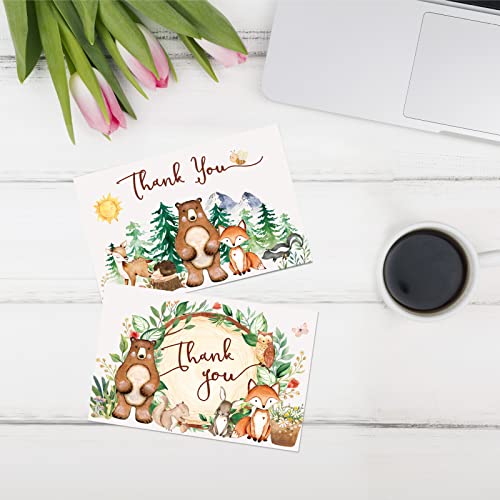 Hunanyume 50 Woodland Thank You Cards, 4×6 in Assorted Woodland Creatures Thank You Note Cards with Envelopes & Stickers, Bulk Cute Forest Animals Cards for Baby Shower and Kids Birthday