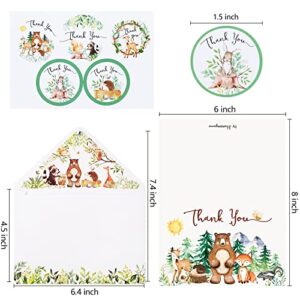 Hunanyume 50 Woodland Thank You Cards, 4×6 in Assorted Woodland Creatures Thank You Note Cards with Envelopes & Stickers, Bulk Cute Forest Animals Cards for Baby Shower and Kids Birthday