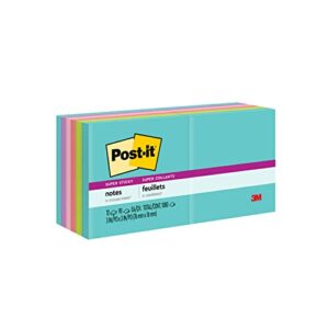 post-it super sticky notes, 3×3 in, 12 pads, 2x the sticking power, supernova neons, bright colors, recyclable (654-12ssmia)