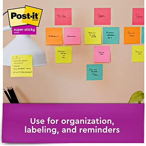 Post-it Super Sticky Notes, 3x3 in, 12 Pads, 2X the Sticking Power, Supernova Neons, Bright Colors, Recyclable (654-12SSMIA)