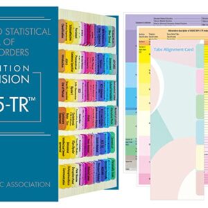 index tabs for dsm-5-tr, 94 printed dsm-v-tr tabs and 18 blank tab stickers, with alignment card and abbreviation description cards for the diagnostic and statistical manual of mental disorders.