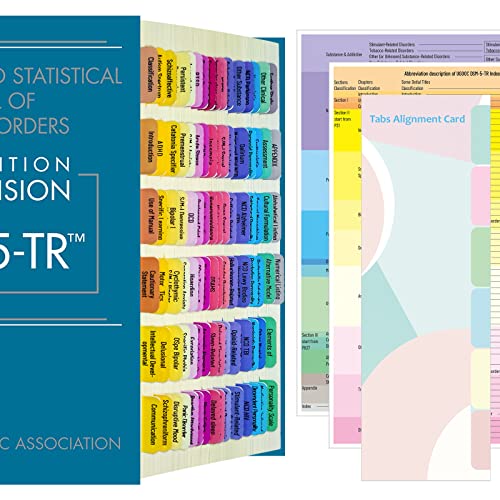 Index Tabs for DSM-5-TR, 94 Printed DSM-V-TR Tabs and 18 Blank Tab Stickers, with Alignment Card and Abbreviation Description Cards for The Diagnostic and Statistical Manual of Mental Disorders.