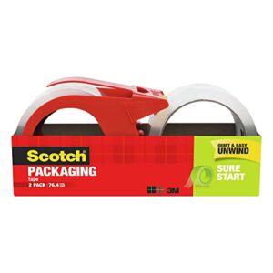 scotch sure start packaging tape, 1.88″ x 38.2 yd, designed for packing, shipping and mailing, smooth and quiet unwind, 3″ core, clear, 2 rolls w/1 dispenser (3450s-2-1rd)