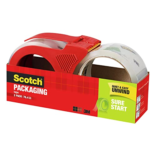 Scotch Sure Start Packaging Tape, 1.88" x 38.2 yd, Designed for Packing, Shipping and Mailing, Smooth and Quiet Unwind, 3" Core, Clear, 2 Rolls w/1 Dispenser (3450S-2-1RD)