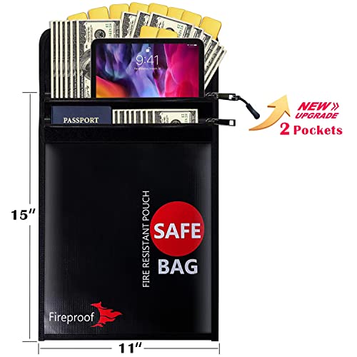 COLCASE Upgraded 2 Pockets Fireproof Document Bag (2000 ℉)15 x 11 Inches Silicone Coated Fireproof and Waterproof Money Bag Fireproof Safe Storage for Money, Documents, Jewelry and Passport