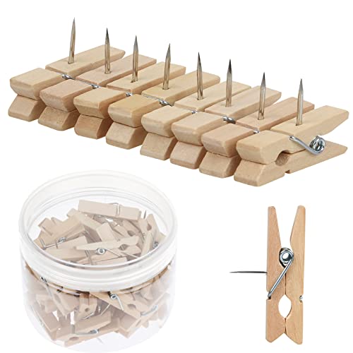 50 PCS Push Pin with Wooden Clips, Durable Wooden Push Pins, Decorative Pushpins Tacks Thumbtacks, Tacks for Cork Board Artworks Notes Photos, Craft Projects, Offices and Homes (Burlywood)