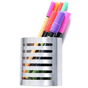 sanpaint magnetic modern pen and pencil holder, metal writing utensil storage organizer for kitchen, locker, home, or office, 3.25″ x 1.75″ x 3.50″, brushed stainless steel