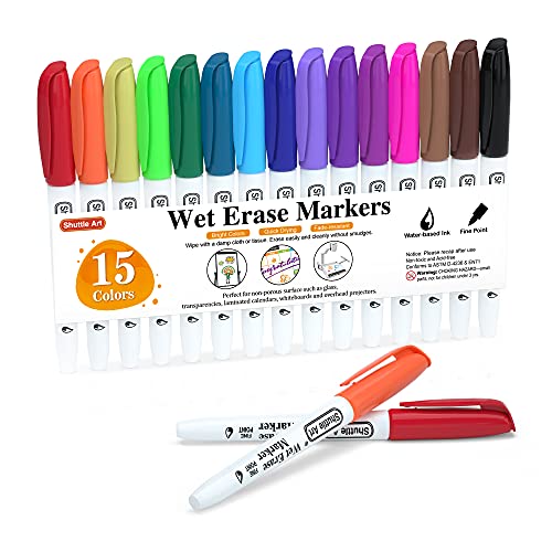 Shuttle Art Wet Erase Markers, 15 Colors 1mm Fine Tip Smudge-Free Markers, Use on Laminated Calendars,Overhead Projectors,Schedules,Whiteboards,Transparencies,Glass,Wipe with Water