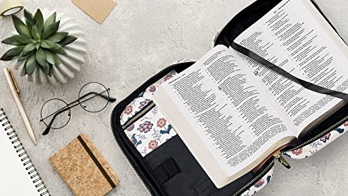 Bible Cover Bag for Women, Floral Bible Bag with Handle, Pockets and Zipper for Standard and Large Size Study Bible Case 10.2" X 2.7" X 7.5"