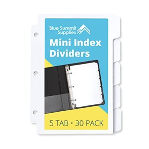 blue summit supplies 5 tab mini tab dividers, white, 5 mini binder dividers with 3 hole punch, for notebooks and 3 ring binders, 5.5 x 8.5 inches, heavy duty paper, set of 6, 30 dividers