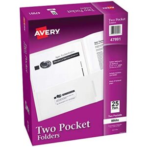 avery two pocket folders, holds up to 40 sheets, business card slot, 25 white folders (47991)