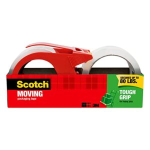 scotch tough grip moving packaging tape, 1.88″ x 54.6 yd, strong hold on all box types including recycled, secures boxes up to 80 lbs, 3″ core, clear, 2 rolls with 1 dispenser (3500-2-1rd)