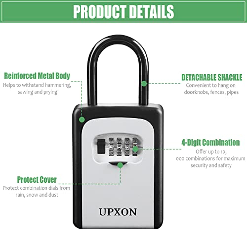 Key Lock Box, UPXON Large Capacity Key Safe Lock Box with Resettable Code, Portable Combination Lockbox for House Keys, Waterproof Wall Mounted Key Box for Home, Hotels, Office, Realtor Grey 1 Pack