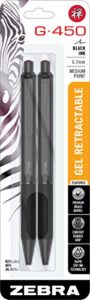 zebra pen g-450 retractable gel pen, black brass barrel, medium point, 0.7mm, black ink, 2 count (pack of 1) (49512), black, refillable