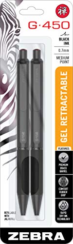 Zebra Pen G-450 Retractable Gel Pen, Black Brass Barrel, Medium Point, 0.7mm, Black Ink, 2 Count (Pack of 1) (49512), Black, Refillable