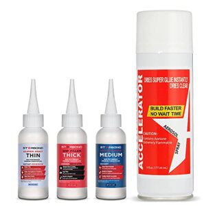 premium ca glue with activator bundle by starbond – (2oz) thin ca glue, medium ca glue, thick ca glue, 6 oz. aerosol accelerator – ca glue for woodworking, woodturning, hobby models, 3d printing