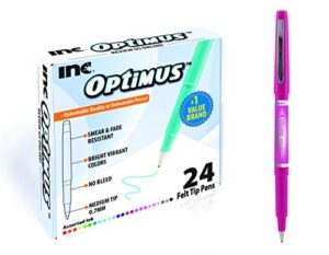 inc. optimus 24 colored felt tip pens 0.7mm medium point felt pens, assorted coloring markers pens for writing, bullet journaling, planner, note, drawing, art & crafts, school or office supplies