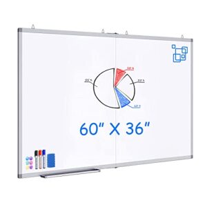 large magnetic whiteboard, maxtek 60 x 36 magnetic dry erase board foldable with marker tray 1 eraser 3 markers and 6 magnets | 5′ x 3′ big wall-mounted memo white board for office home & school