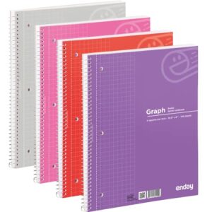 graph paper notebook quad ruled spiral grid notebook pack of 4 white paper 100 sheets assorted colors wire bound graphing books – by emraw