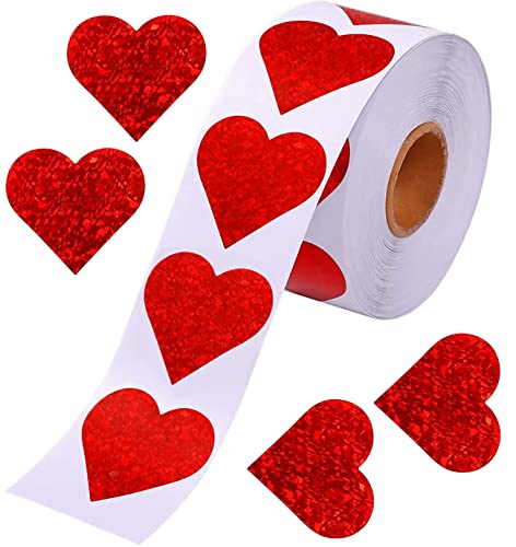 Valentines Glitter Red Heart Stickers - 1.5" Heart Decorative Labels 500 per Roll, Valentine's Day Love Decorations for Wedding, Anniversaries