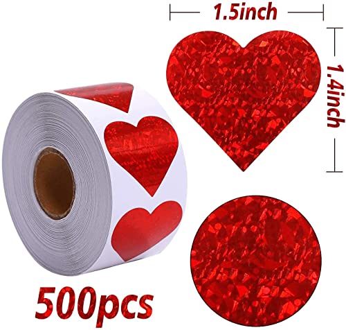 Valentines Glitter Red Heart Stickers - 1.5" Heart Decorative Labels 500 per Roll, Valentine's Day Love Decorations for Wedding, Anniversaries