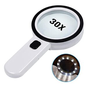 magnifying glass with light, 30x handheld large illuminated magnifier, reading magnifying glass with for seniors read, coins, stamps, map, inspection, macular degeneration