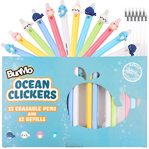 BunMo Erasable Cute Pens - Cute Kawaii Accessories - 12 Ink Pens Include 12 Extra Kawaii Pen Ink Refills. Great Easter Basket Stuffers or Easter Basket Stuffers For Girls