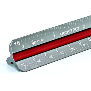 stylo aluminum architect scale ruler 12″ laser etched triangle drafting ruler with color – coded grooves for blueprint, drafting and drawing – imperial architectural scale ruler for blueprints
