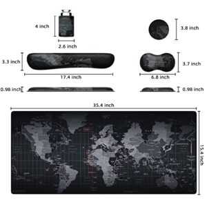 PULAIXIN 5 in 1 Keyboard Mouse Pad Set, Mouse Pad Wrist Support, Extended Gaming Mouse Pad + Keyboard Wrist Rest Support, (34.5×15.7 in) Large Ergonomic Mousepad Desk Mat Combo -Black World Map