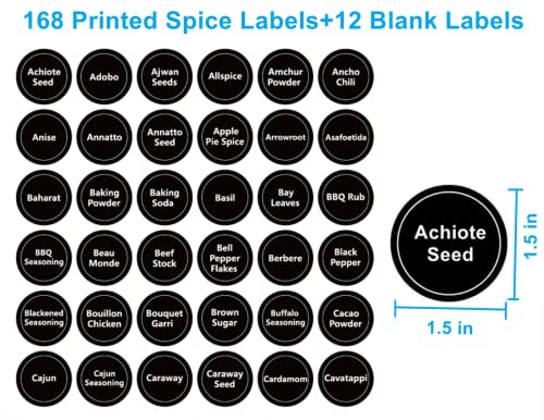 180 Spice Labels for Food Containers, Chalkboard Labels for Jars,Spice Labels Stickers Preprinted Pantry Labels,Small Chalk Labels Spice Jar Labels-Round 168 Printed,12 Blank Stickers,1 Erasable Chalk