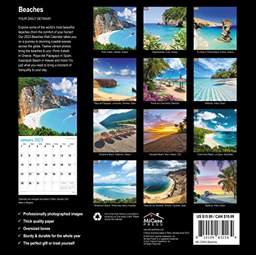 MICASA Beaches 2023 Hangable Monthly Wall Calendar | 12" x 24" Open | Thick & Sturdy Paper | Giftable | Beautiful Tropical Scenic Vacation Nature Photography