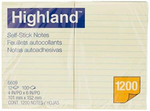 highland sticky notes, 4 x 6 inches, yellow, 12 pack (6609)