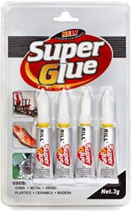 super glue gel, superglue single use minis strong glue, quick dry clear super glue for plastic, metal, ceramic, wood, glass, rubber (four 3 gram tubes)