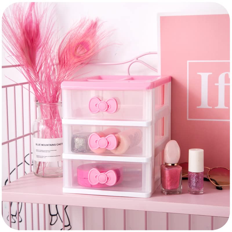 Lovely Girls Receiving Storage Cabinets Box Room Desktop Makeup Organizer With Three-tier Desk Receiving Drawers N Pink Bowknot