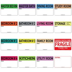 Labelinn Moving Labels for Boxes 640 Pcs - 2 x 3 inches Non-Removable Moving Stickers for Boxes Color Coded 64 Sheets with 10 Labels Each – 16 Designs Including Fragile & Customizable Blanks