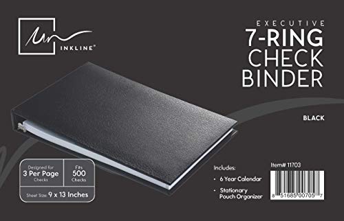 Executive 7 Ring Check Binder, 500 Check Capacity, for 9x13 Inch Sheets, with 6 Year Calendar Organizer, Sleek Business Design, Premium Quality - Black (11703)