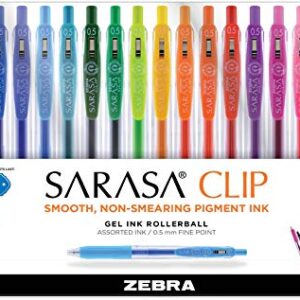 Zebra Pen Sarasa Clip Retractable Gel Pen, Fine Point, 0.5mm, Rainbow Assorted Colors, 20-Pack