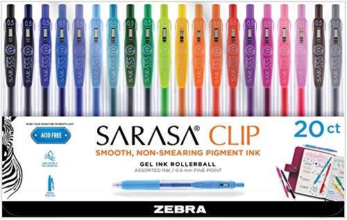 Zebra Pen Sarasa Clip Retractable Gel Pen, Fine Point, 0.5mm, Rainbow Assorted Colors, 20-Pack