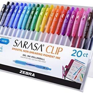 Zebra Pen Sarasa Clip Retractable Gel Pen, Fine Point, 0.5mm, Rainbow Assorted Colors, 20-Pack