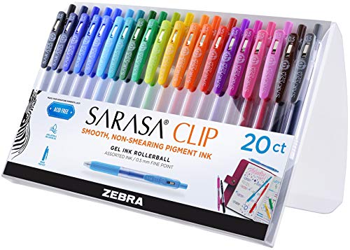 Zebra Pen Sarasa Clip Retractable Gel Pen, Fine Point, 0.5mm, Rainbow Assorted Colors, 20-Pack