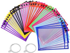 puroma 35 pack dry-erase pockets reusable plastic sleeves assorted colors waterproof pocket with 2 rings for classroom, school, office, home – colorful
