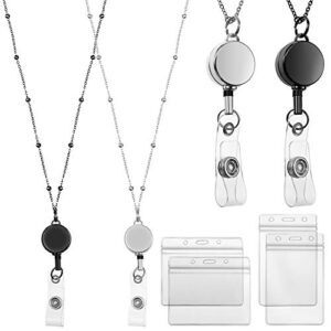 outus 2 pieces badge lanyard with id holders stainless steel badge necklace retractable reel clip chain water resistant name badge holders for girl women (black, silver)