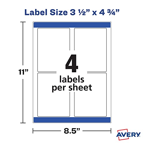 Avery Printable Blank Rectangle Labels, 3.5" x 4.75", White, 32 Customizable Labels (22827)