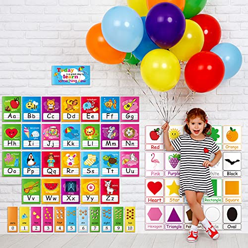 58 Pieces Educational Preschool Cards Kids Early Learning Poster Alphabet Number Colors and Shapes Bulletin Board Decoration Kindergarten Classroom Learning Card with Glue Point Dot (Rich Style)