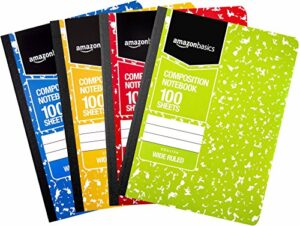 amazon basics wide ruled composition notebook, 100 sheet, assorted marble colors, 4-pack