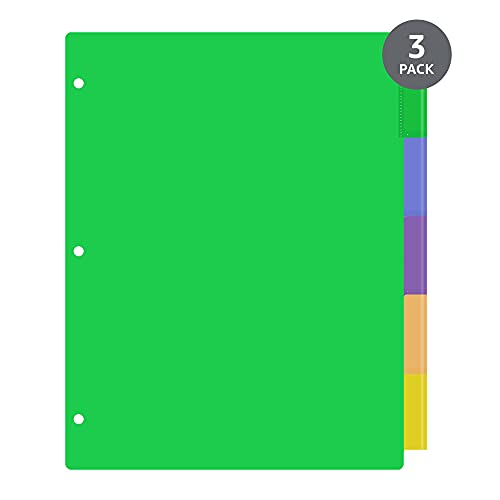 Amazon Basics 3 Ring Binder Dividers With 5 Tabs, Plastic Binder Dividers, Pack of 3 Sets (15 Dividers Total)